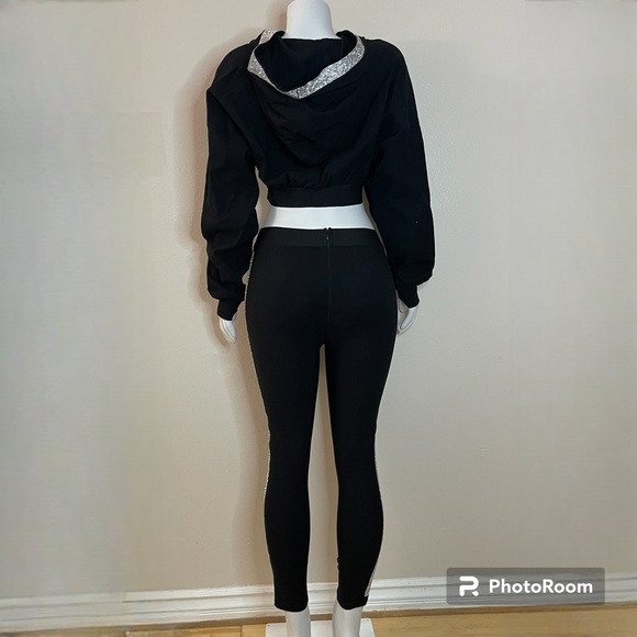 Black cropped hoodie and pants set with side rhinestone stripes - Picture 2 of 10